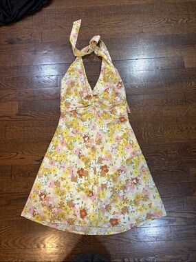 Astr Floral Halter Mini Dress in Yellow, Pink, Cream